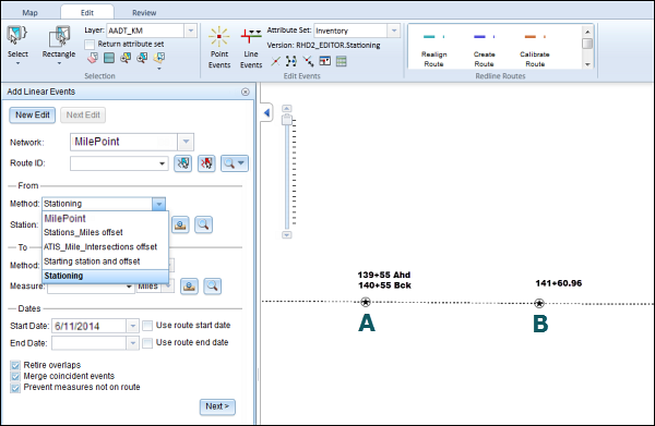 Select the Stationing method Select the Stationing method