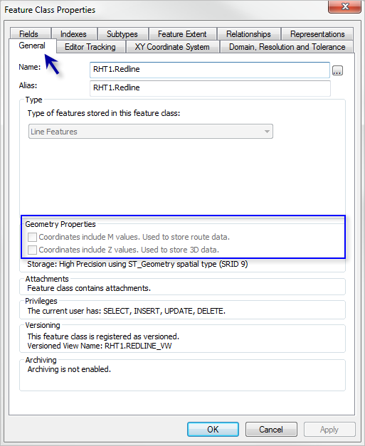 Confirming m- and z-values are disabled for the redline feature class Confirming m- and z-values are disabled for the redline feature class